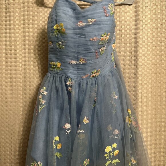 Light Blue Mini Cocktail Dress – Whimsical Fairy Style with Embroidered Flowers - Picture 1 of 3